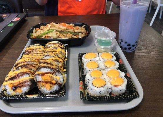 Sweet potato roll, spicy tuna roll, chicken bowl with udon noodles, taro bubble tea