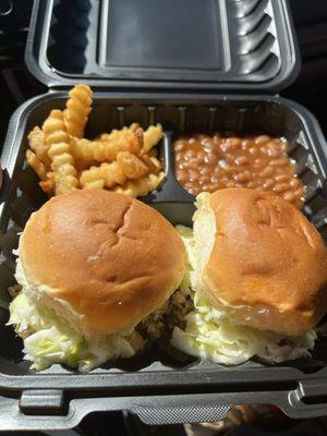 Chop Pork with coleslaw baked beans and fries