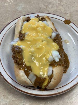 Olympic Coney Combo (Chili, Mustard, Onions, Ground Beef, and Cheese)!