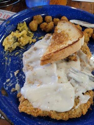 Chicken fried steak, Okra, broccoli cheese, and rice.