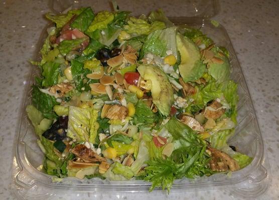 SHEPHERDS SALAD - chicken, romaine, mixed greens, cabbage, tomato, corn, dates, almonds, goat cheese, avocado, white balsamiic vinaigrette