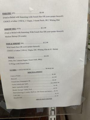 Cooked food menu with updated prices