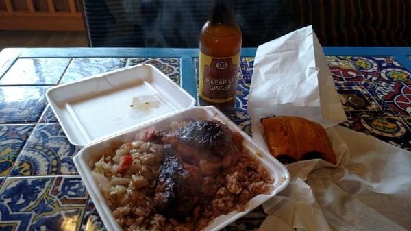 Jerk chicken, beef pattie, pineapple ginger beer.