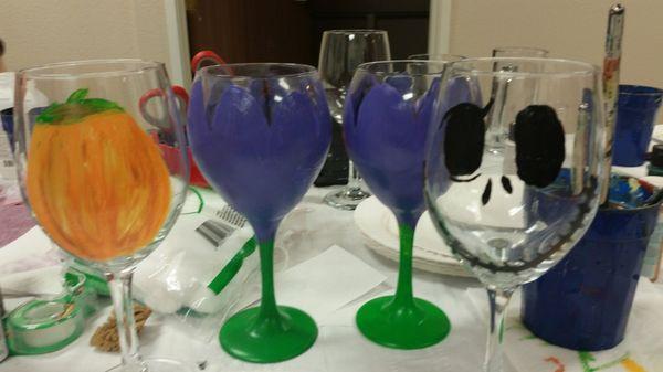 Wine & Beer glass painting class with Teresa 10/2/2015 - SO MUCH FUN!