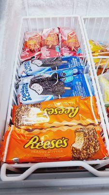 Reeses Peanut Butter Ice Cream, Cookies and Cream, Strawberry, and Short Cake Ice Creams.