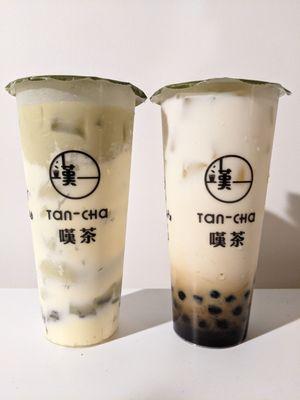 brulee green milk tea with oreo, brown sugar latte with boba