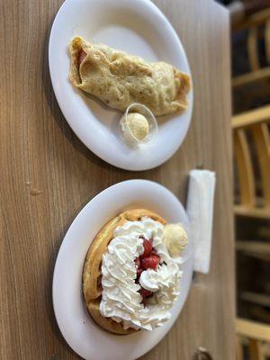 Strawberry crepe and strawberry waffle with butter