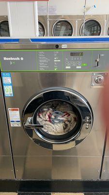 Newer 3-load washer with app integration (instructions in blue)