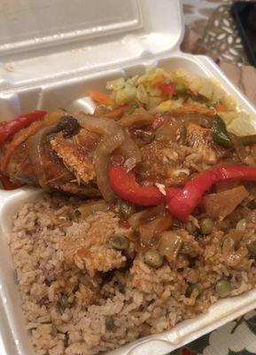 Brown stew fish with cabbage and rice with gungo peas