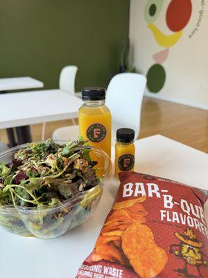 Forager Salad, Fresh Morning Zip juice, Immunity Shot, Uglies BBQ chips