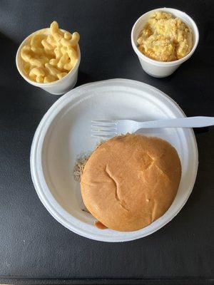 Pulled pork sandwich jalapeño corn bake and Mac and cheese.