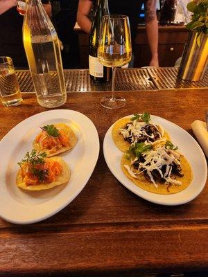 Trout Ceviche Tostada ($20) and  Wild Mushroom Tacos ($16)