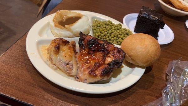 Baked Chicken, English Peas, Mashed Potatoes w/gravy, Roll, Chocolate Cake