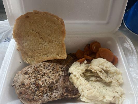 Pork chops(2) homemade mashed potatoes,sweet & tender carrots! (I was so greedy & it looked so yummy  I forgot to take a photo b4 I ate)