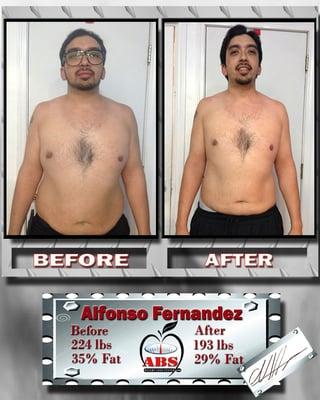 Alfonso lost 31 lbs in 23 days doing our weight loss program, great job !