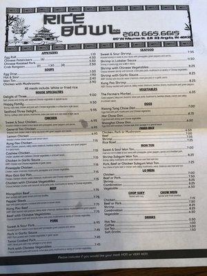 Updated menu- 2/2019