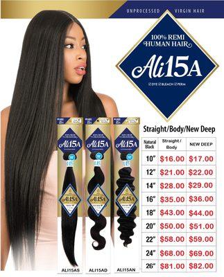 100% unprocessed Human Hairs
15A Grade
Straight, Body Wave &  New Deep.