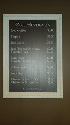 Cold beverage menu