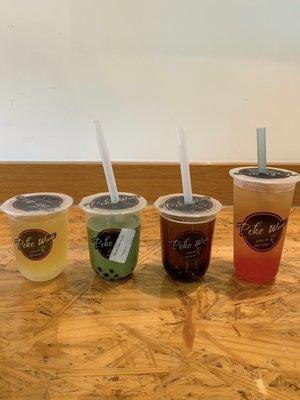 Lychee Green Tea w/ lychee jelly, Matcha w/ tapioca, Passion Fruit Black Tea w/ tapioca, Blueberry Green Tea w/ strawberry popping pearl