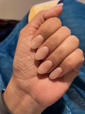 Beautiful translucent off white shimmer nails, rounded with tips, SNS nails