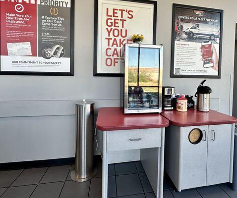 Free coffee and water station.