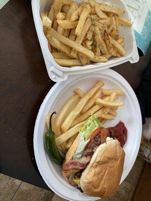 Phila Burger Garlic Fries/regular fries and Bacon Cheeseburger! With jalapeño side from my house!