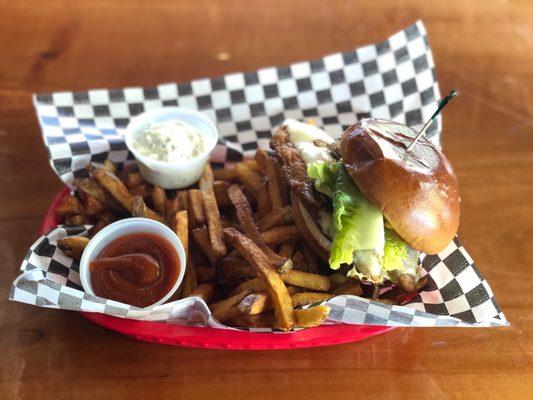 Chicken and Swiss Sandwich with Fries, Curry Ketchup and Jalapeno Mayo