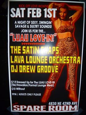 Poster for a "Luau Love-In" with discounted cover charge if you wear tiki, Hawaiian, or formal lounge wear.