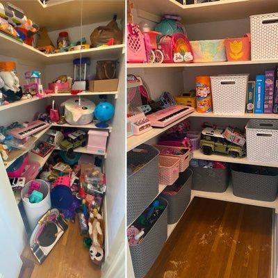 Toy closet makeover, adding bins. The kid easily keeps up her system.