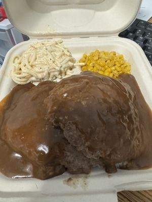 Hamburger steak w/ rice, mac salad and corn.