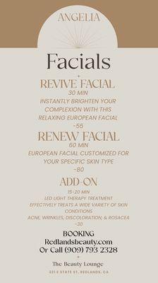 Facial prices by our Licensed Aesthetician Angelia