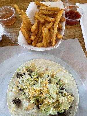 Sesame French Fries and beef bulgogi taco