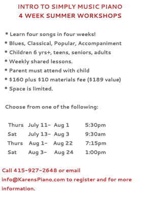 Intro to Simply Music PIano 4 Week Summer Workshops