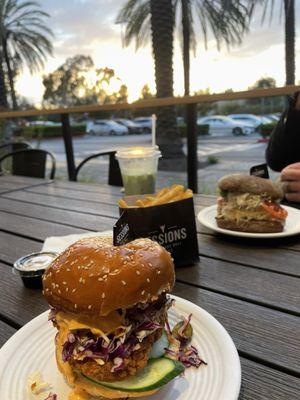 Spicy Crispy Crunchy Chicken sandwich, Meddock Melee sandwich, Skinny fries, Iced Matcha Green Tea