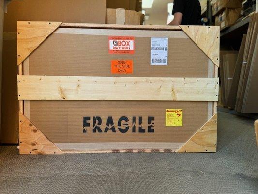 Hybrid Crates, Double wall cardboard box, Foam lined with wood exterior for additional protection.