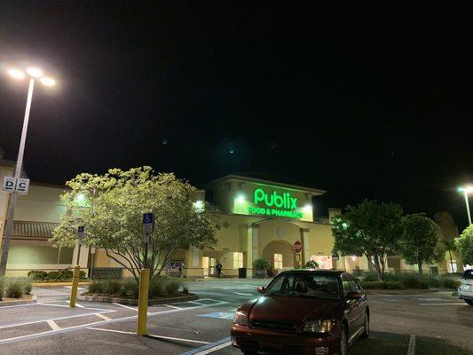 The outside of the building at night