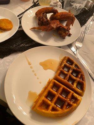 Homemade Waffle with 3 Piece Jumbo Chicken Wings (that syrup is everything!!!)