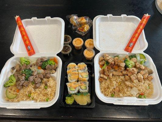 Hibachi Steak, Hibachi Chicken, and Sushi