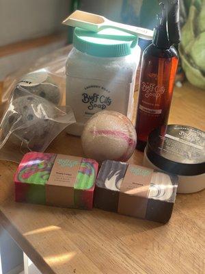 Scented dryer balls, bath bomb, soap, shower oil, and body butter