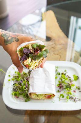 Vegan Wrap! Our most popular grab n go dish! Hummus, sunflower seeds, avocado, dill marinated cabbage and veggies on sprouted wheat tortilla