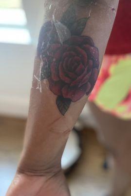 Two red roses & leaves piece