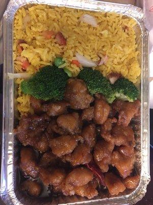 General Tso's chicken with pork fried rice. Delicious.