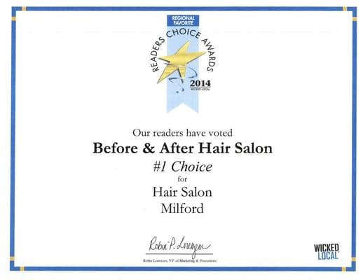 Before & After Hair Salon received reader choice awards #1 salon in Mikford