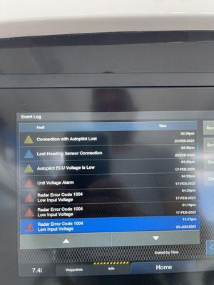 Lost Heading Sensor Connection is error associated with damaged Garmin Reactor, both this photo and last. Started Feb 16th at 12am