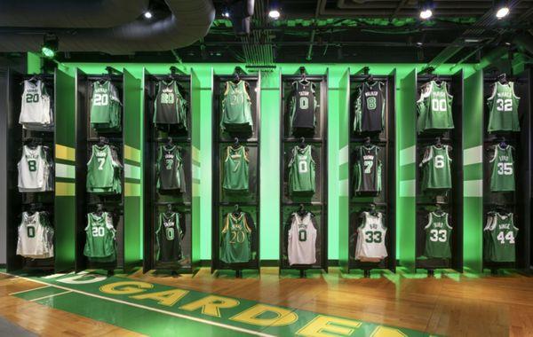 Floor to ceiling Celtics jersey wall