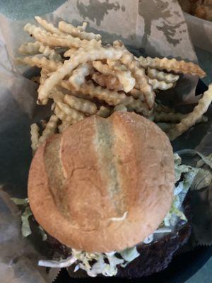 Black bean burger and fries