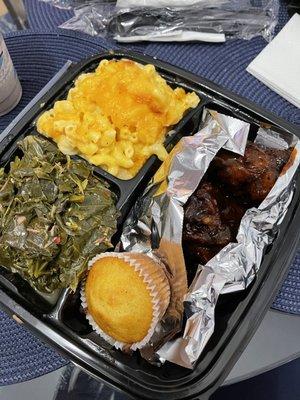 Jerk wings collard greens Mac and cheese corn bread spaghetti