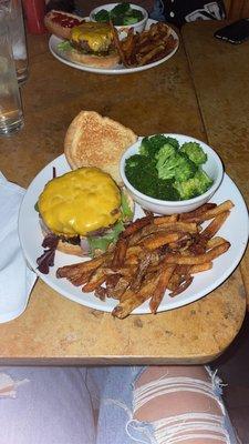 Plain Jane burger with fries and steamed broccoli