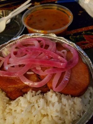 Smoked Pork Chops, white rice and beans.