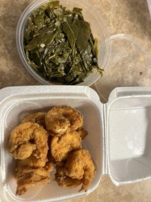 Fried shrimp and collard greens